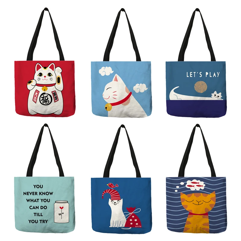 cartoon-animal-cat-print-tote-bag-for-women-folding-reusable-shopping-bags-linen-handbags-pouch