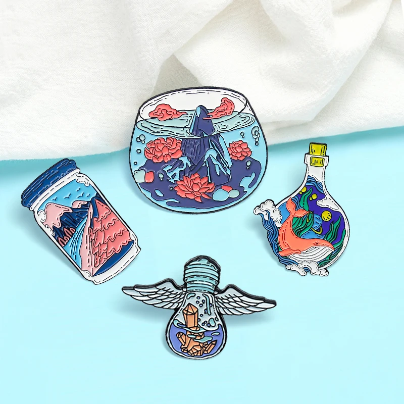 Blue Ocean Scenery Spille Wave Whale Angel Bulb Peak Red Flower Scenery Spille Smaltate Spilla Spilla Distintivo Gioielli Regalo All'Ingrosso