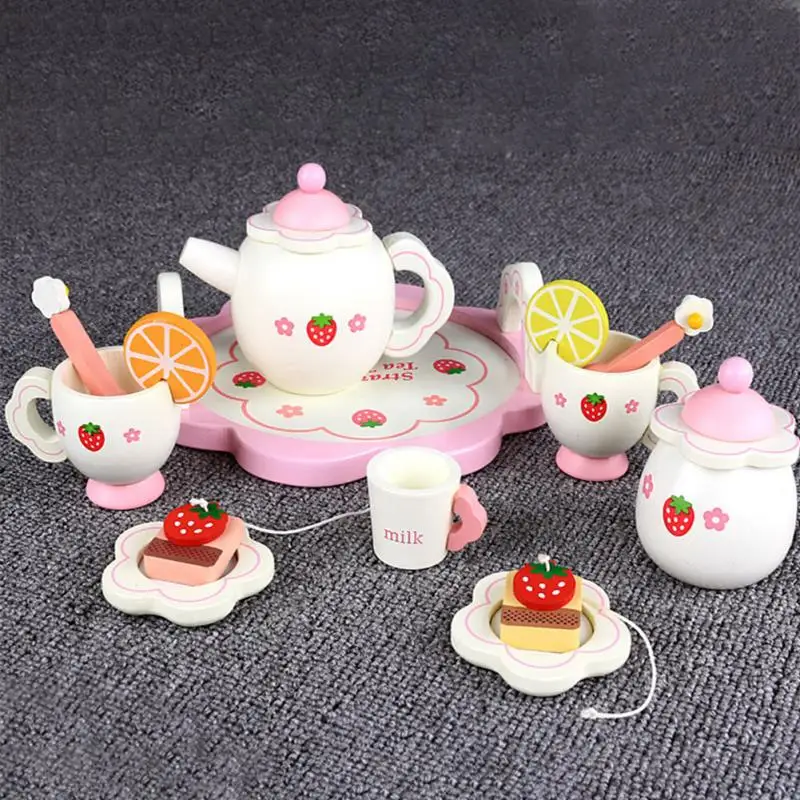Cheap Girl Kitchen Creative Ceramic Tea Set Toy Kids Mini Tea Set Wooden Pretend Play With Box Gift Bowl Fruit Slice Cup Tray Spoon