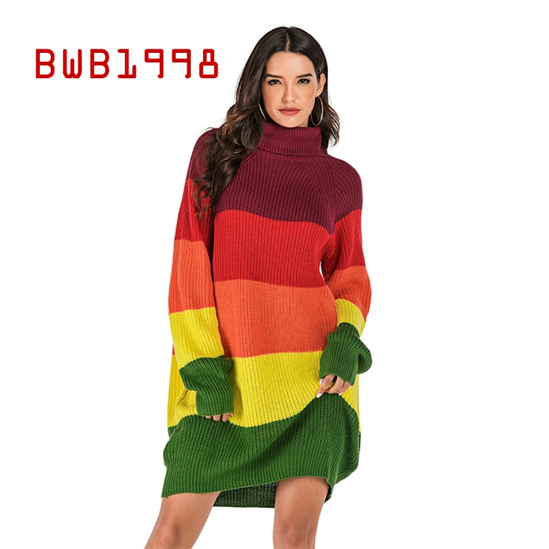 

BWB1998 High Collar Contrast Color Mid-length Casual Sweater Women Autumn Women Winter Clothes Loose and Thin Sweater Find Flare