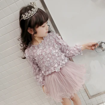 

2020 autumn new girls long-sleeved dress children's clothing beautiful princess dress three-dimensional petals fluffy net Dress