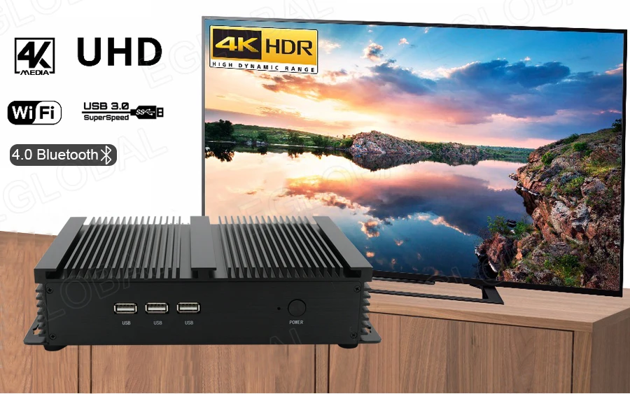 Eglobal Industrial Fanless Mini PC with I5 6300U, I7 10510U, Windows 7/8/10, VPN Router, VGA, HDMI, 4G, WiFi, BT Description Image.