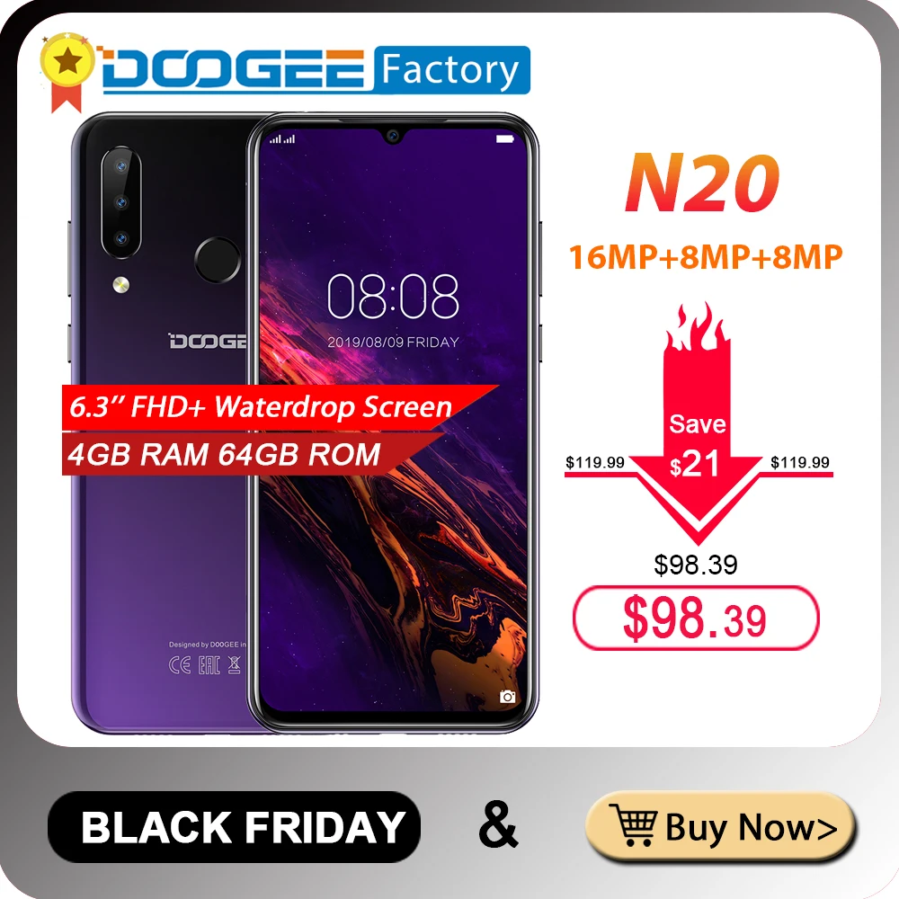 DOOGEE N20 смартфон 16 МП Тройная задняя камера 6,3 дюймов FHD+ дисплей 4 Гб 64 Гб MT6763 Восьмиядерный 4350 мАч отпечаток пальца мобильный телефон