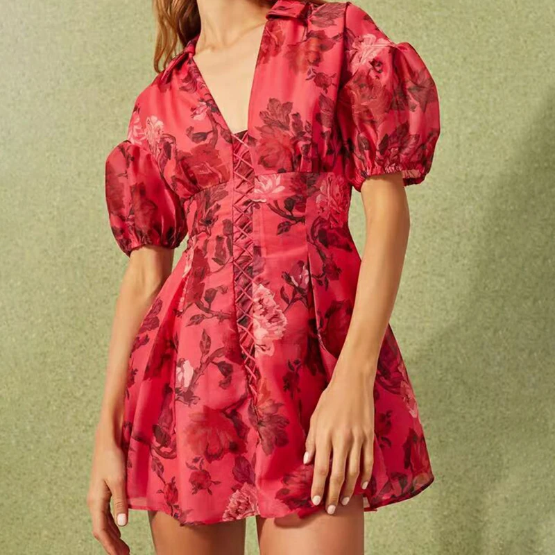 

Casual Runway Style Vintage Floral Printed Women Dress V Neck Puff Sleeve High Waist Slim Female Mini Dresses 2019 Fashion New