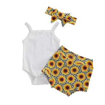 

3Pcs Baby Girls Clothes Infant Suit Sleeveless Sunflower Printed High Waist Bow Headband Clothes Set Cotton Girls Clothing Set