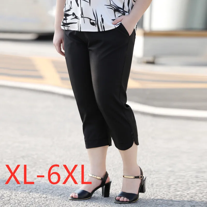 New 2020 Korea summer plus size capri pants for women large loose casual black chiffon pocket straight trousers 3XL 4XL 5XL 6XL New 2020 Korea summer plus size capri pants for women large loose casual black chiffon pocket straight trousers 3XL 4XL 5XL 6XL