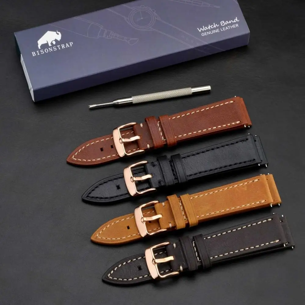 BISONSTRAP Watch Strap 18mm~22mm Genuine Leather Strap for Men Women Quick Release Replacement Belt Watchband Rose Gold Buckle