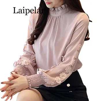 

2020 New Ruffles collar Women long sleeve Chiffon blouse Korean fashion Lantern Sleeve Office lady shirt Flower Tops