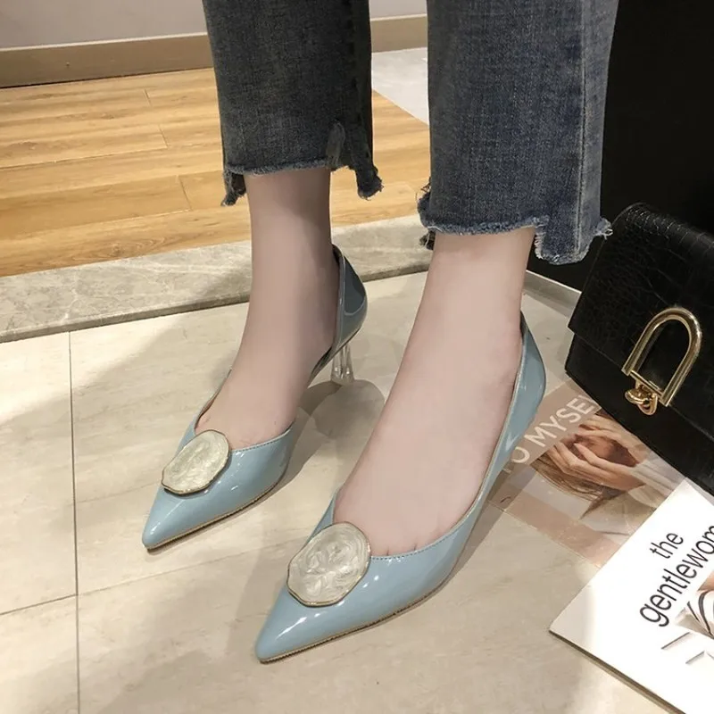 

Spring 2020 new high-heeled women's shallow shoes high-heeled pointed square buckle solid color simple women's shoes Y21-27