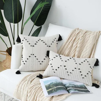 

White black geometric pillow cover tassels pillow cover woven home decoration for sofa bed 45x45cm / 30 x 50cm