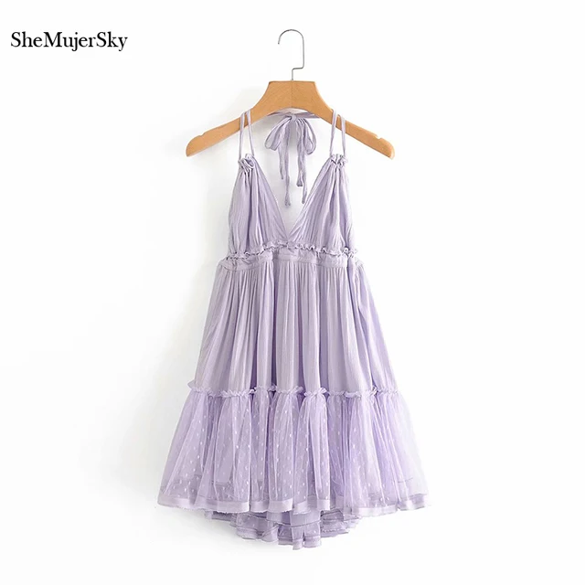 SheMujerSky Sexy Backless Lace Spliced Dress Summer Halter V-neck Mini Dresses Woman Dress Elegant Evening 4