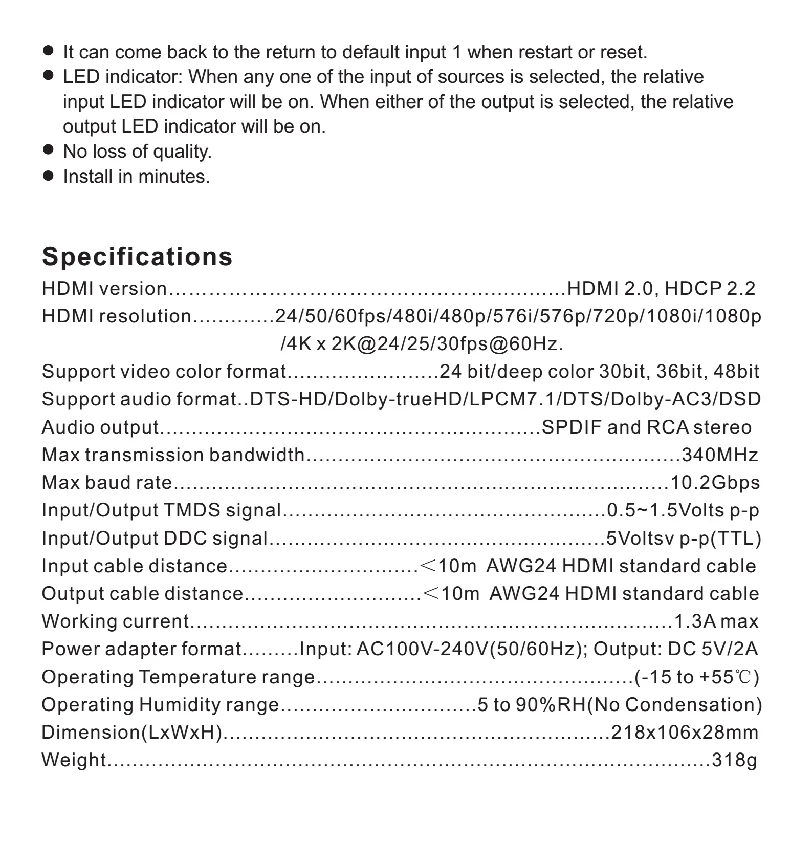 HDMI 2,0 матрица 4X2 Цифровой адаптор выход UHD 4K X 2 K/60 HZ HDMI 2,0 матричный коммутатор сплиттер 4 в 2 из HDR HDCP EDID 2,2 3D и 1080P