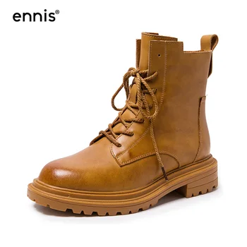 

ENNIS Genuine Leather Ankle Boots Women Lace Up Boots Autumn Winter Fashion Martins Shoes Square Heel Boots Yellow Black A12A