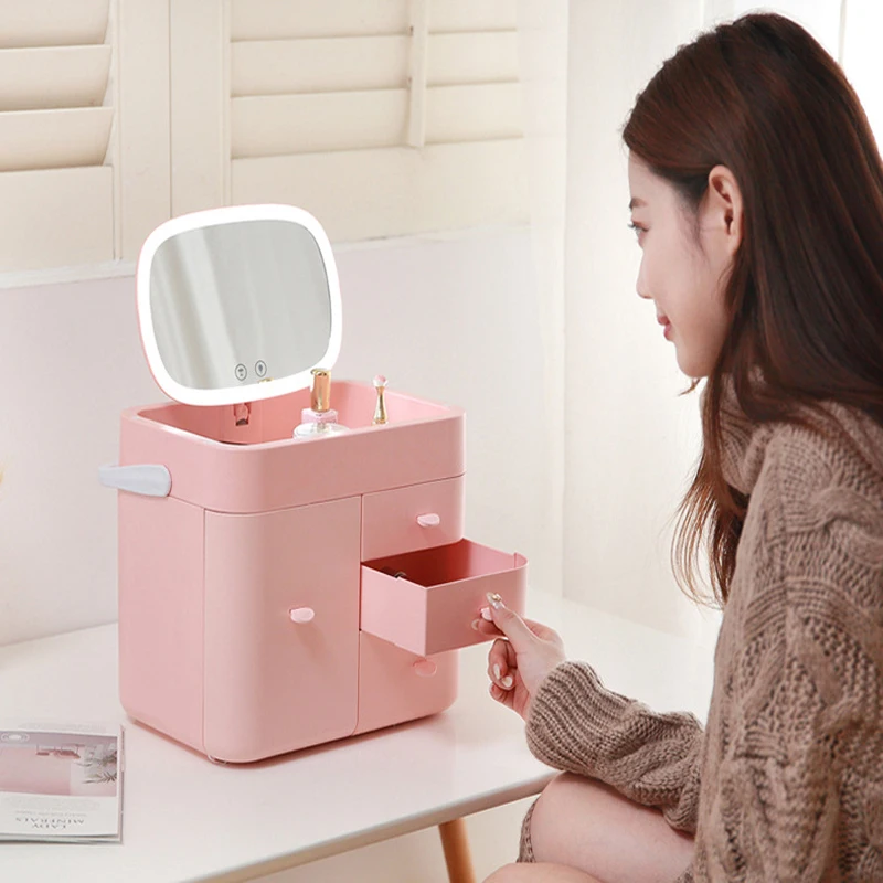

Cosmetic Storage Box Led Light With Makeup Mirror Multi-function Portable Portable Desktop Dust-proof Dressing Table Rack