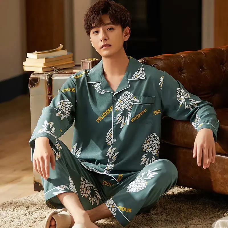 

Casual 2PCS Pajamas Suit Satin Men Sleepwear Autumn New Pijamas Loose Nightwear Autumn New Sleep Set Lapel Nightgown Home Wear