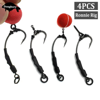

4PCS Carp Fishing Hook Carp Ronnie Rig Teflon Coated Barbed Hooks with Micro Ring Swivels and Bait Screws Ready Tied Ronnie Rigs