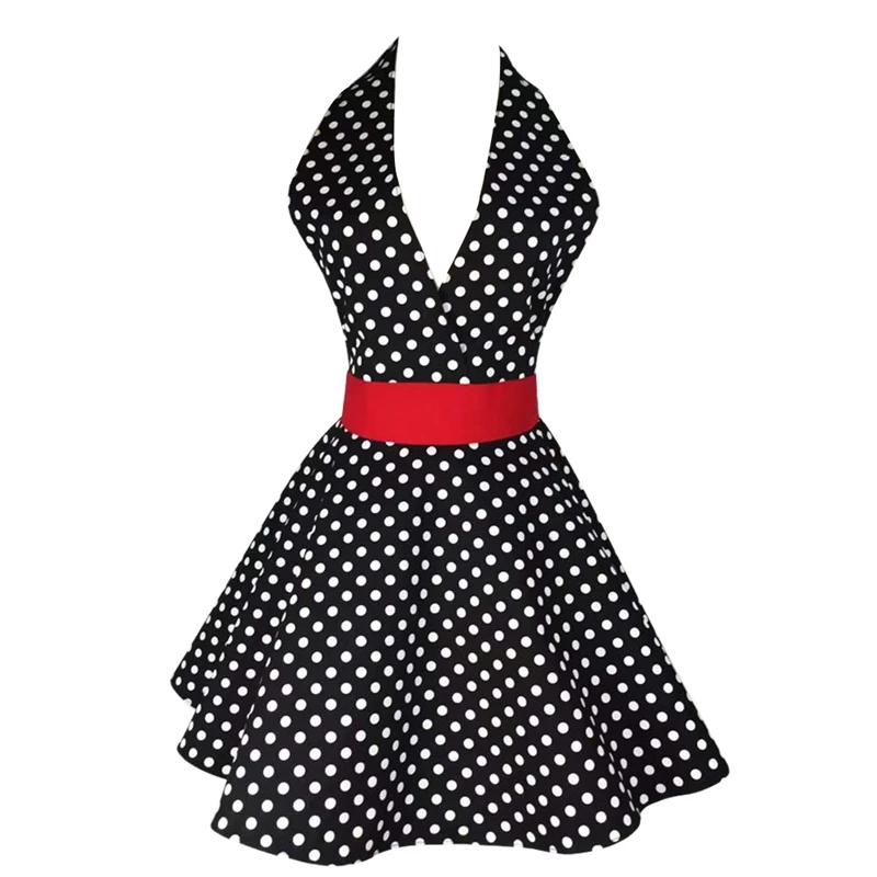 Hot Black Sexy Aprons Classic Retro Aprons Flirty Marilyn V-Neck Polka Dot Cooking Kitchen Aprons Skirt Dress