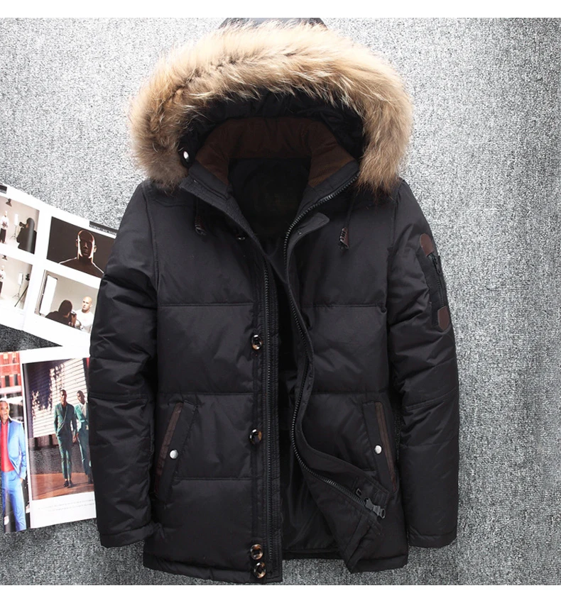 Зимние куртки-пуховики с капюшоном из натурального меха, мужские теплые пуховые пальто высокого качества, мужские повседневные зимние пуховики JK-633