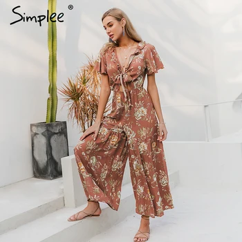 

Simplee Deep v neck floral print women jumpsuits Ruffle bow tie high waist female jumpsuit romper Holiday summer ladies overalls