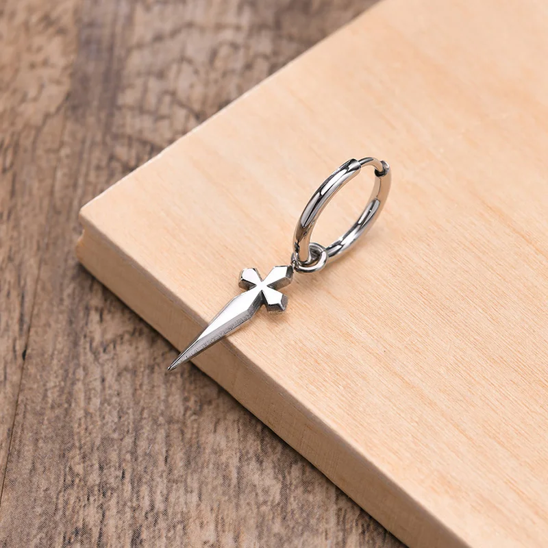 Men Huggie Hoops Earring, Minimal Sword Cross Dangles Earrings, Stainless Steel Men's Biker Jewelry - Image 3