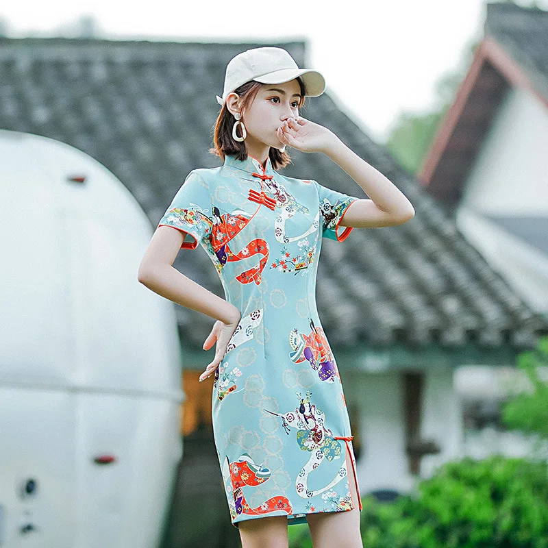 

Fashion Women Novelty Chinese Traditional Cheongsam Short Sleeve Sexy Vintage Button Qipao Elegant Social Etiquette Skinny Dress