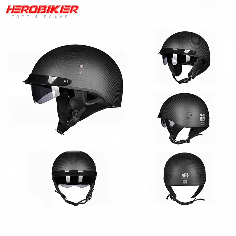 HEROBIKER карбоновый мотоциклетный шлем Ретро Скутер крушение Мото шлем половина лица шлем Байкер мотоциклетный шлем с козырьком - Цвет: GXT-G510-03