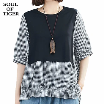 

SOUL OF TIGER New Korean Summer Fashion Style Ladies Dot Printed Tops Women Vintage Linen Shirts Female Casual Blouses Plus Size