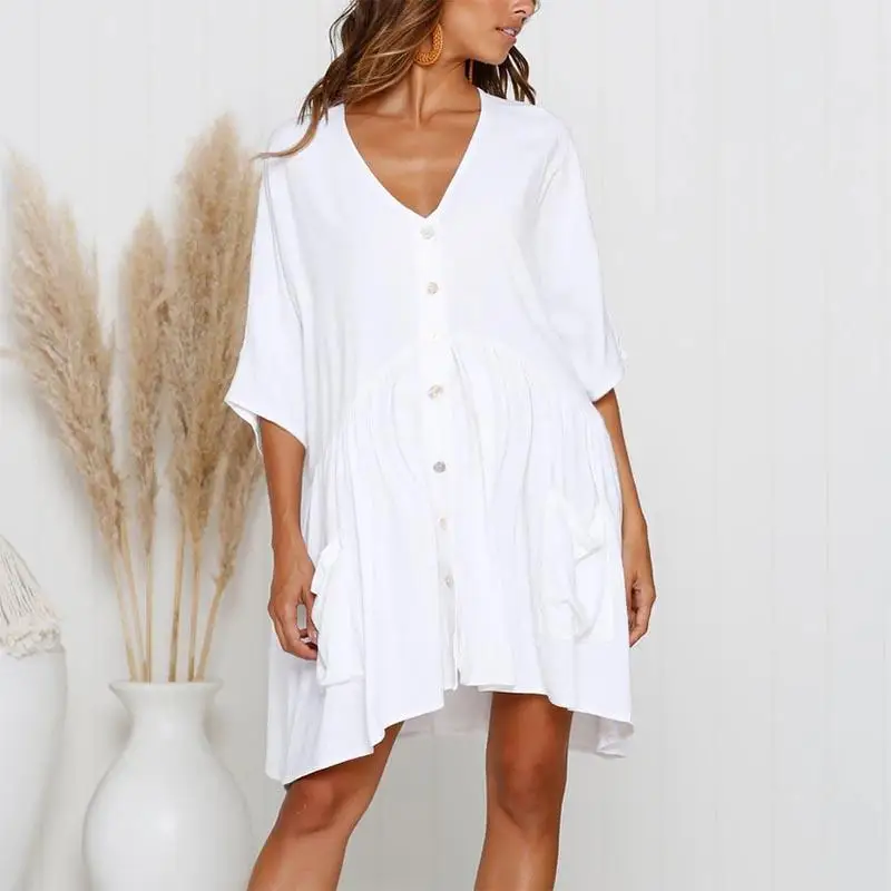 Sexy Bikini Cover-ups Casual V-neck Above Knee Summer Beach Dress Tunic Women Plus Size Beach Wear Swim Suit Cover Up Q771
