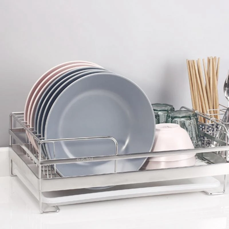 

Dish Rack Chrome Stainless Steel Plate Cutlery Cup Holder with Tray Steel Drainage Chopsticks Dish Rack Kitchen Rack Basket