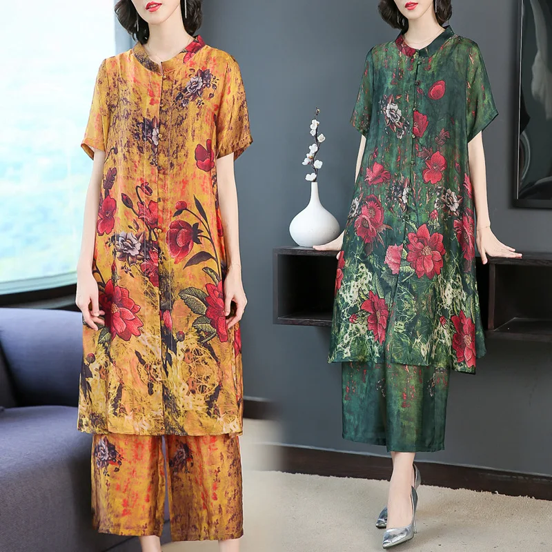 

19 Summer New Style Origional Literature And Art Retro Real Silk Printed Large Size Long Shirt Loose-Fit Loose Pants Two-Piece S