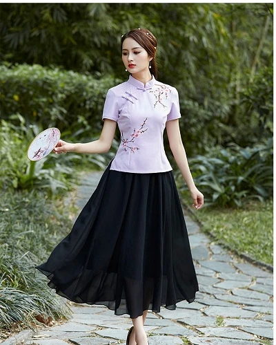 Violet 2 Piece Set SHENG COCO, женская одежда, Восточный чонсам, топы, костюм, комплект из 2 предметов, традиционная китайская рубашка 4XL, плюс размер, Династия Цин - Цвет: Violet 2 Piece Set