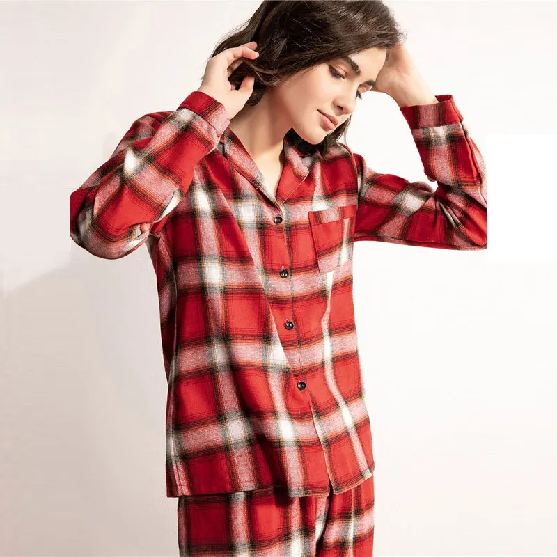 ROMWE красный клетчатая Классическая Пижама для Для женщин осень длинный рукав пижама с карманом, одежда для сна, пижамы для Повседневное женские пижамный комплект
