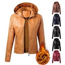 Autumn Winter Women's Clothing PU Leather Coat Fashion Hooded Overcoat Female Plus Velvet Keep Warm Short Faux Leather Jackets