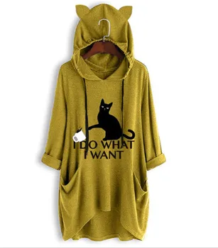 

Plus Size Womens Hoodies Sweatshirts I Do What I Want Letter Cat Cup Ear Pattern Pocket Sweatshirt Oversized Cute Pullover Femme