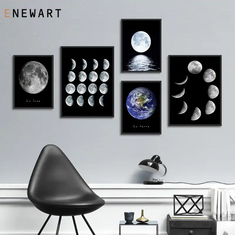 Sistem Tata Surya Gambar Planet Bumi Bulan Poster Astronomi Dinding Seni Hitam Putih Kanvas Cetak Lukisan Minimalis Dekorasi Rumah Painting Calligraphy Aliexpress