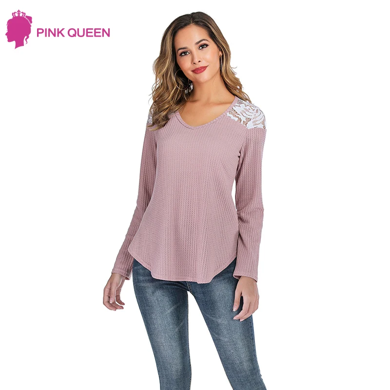 

Lace Long Sleeve Blouse Women V Neck Irregular Hem Womens Tops and Blouses Korean Patchwork Sexy Autumn Blusas Shirts 2019