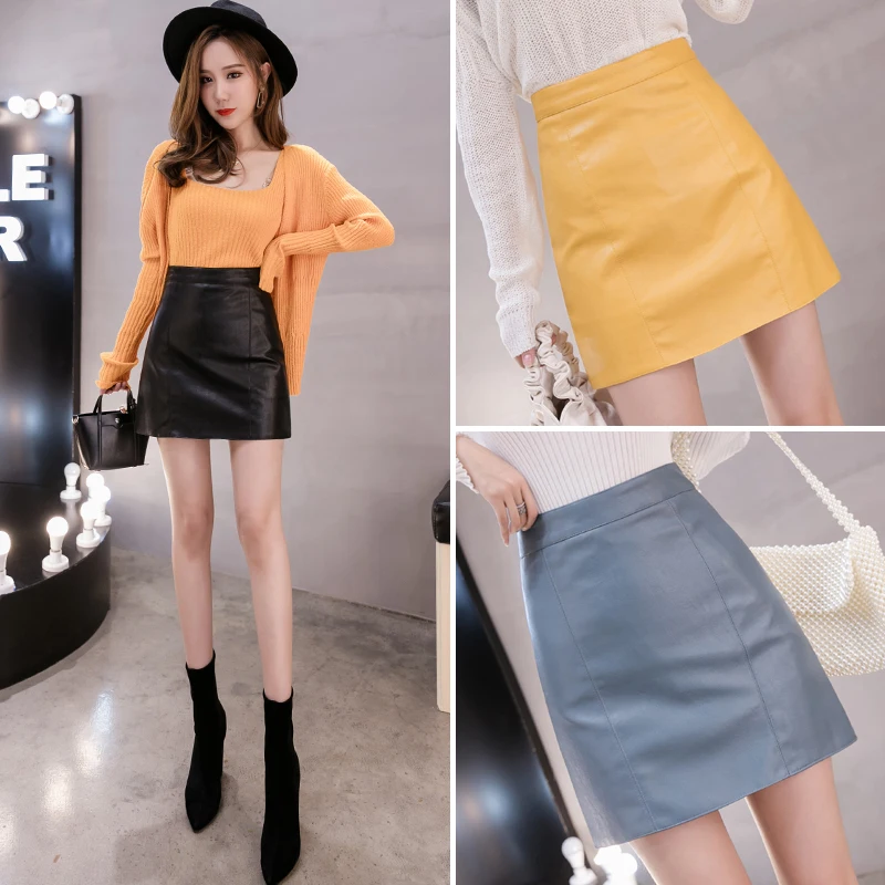 

Black,Blue,Yellow PU Leather Skirts Spring Autumn Women Sexy High Waist Package Hip Pencil Skirts S-XXL