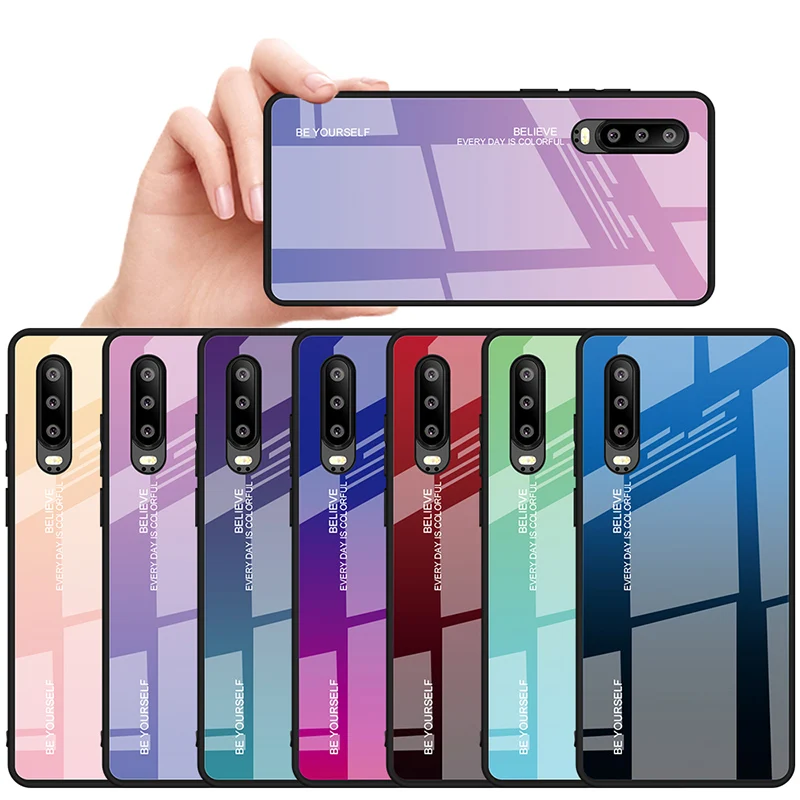 

Gradient Rainbow Phone Case for Huawei P30 Pro P Smart 2019 Stained Tempered Glass Case for Huawei P20 Lite Nova 4 4E 3 3i 3E