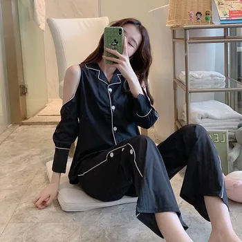 

2020 Summer Silk Satin Sexy Strapless Pajama Sets for Women Long Sleeve Sleepwear Loungewear Homewear Pijama Mujer Home Clothes