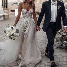 Бохо свадебное платье милое ТРАПЕЦИЕВИДНОЕ кружевное свадебное платье с кристаллами и бусинами длинное пляжное свадебное платье Vestido de Novia WN79