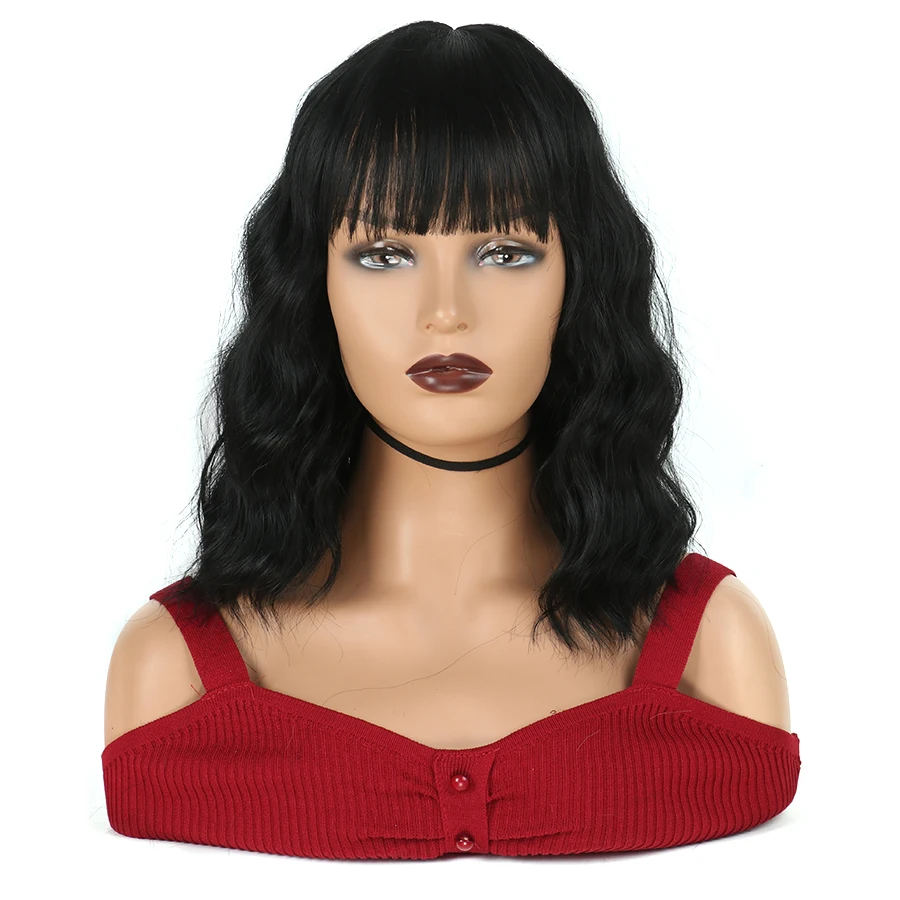 

12 Inch Water Wave Bob Wig with Bangs Synthetic Wigs for Women Bob Wigs for Girls Curly Wave Cosplay Costume Daily Wear