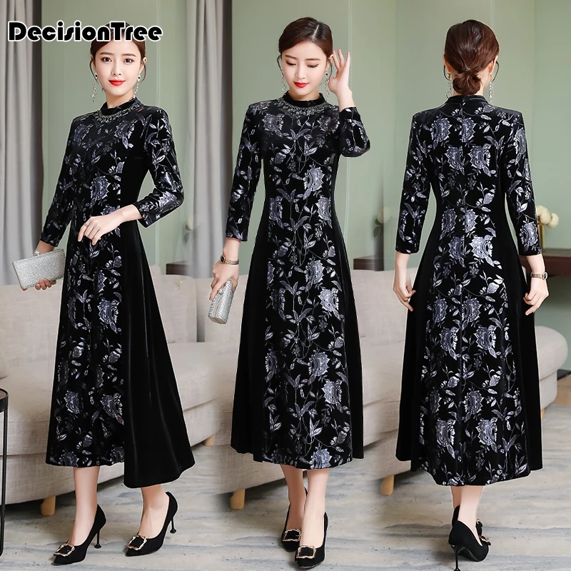 cheongsam современный аозай Вьетнам вьетнамский аозай qipao Винтаж Новинка женские Цветочные Туфли-Винтаж бархатные сапоги в стиле ретро, платье в китайском стиле