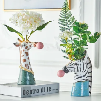 

Resin Cartoon Animal Head Vase Succulents Flower Pot Coffee Shop Showcase Blowing Bubbles Simulation Animal Vase Decor