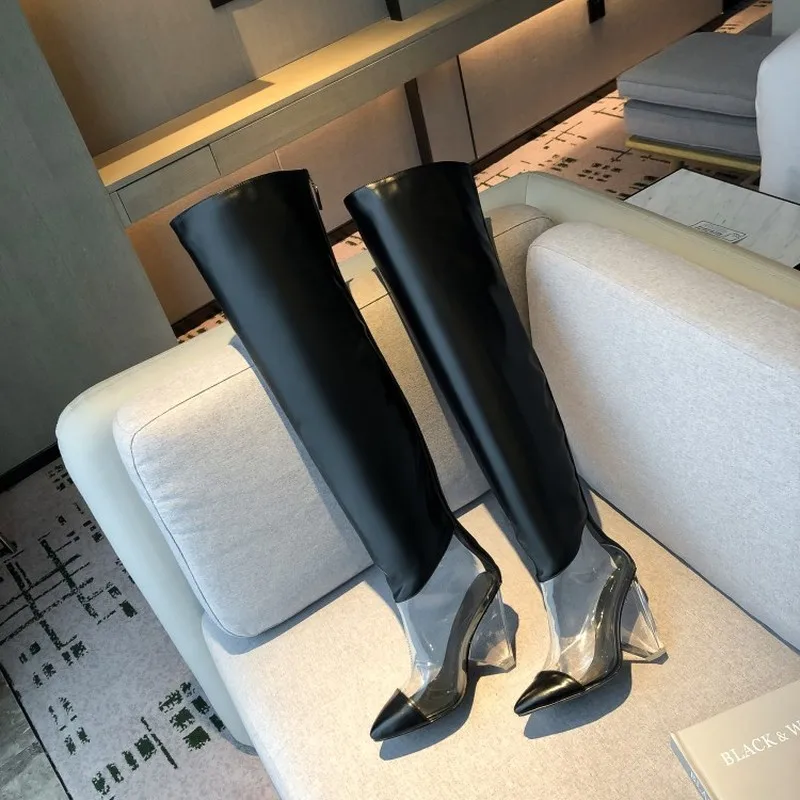 

OEING Womens Pointed Toe Over The Knee Thigh Boots PVC Stitching Real Leather Spike Crystal Heel Long Shoes 3Colors Size