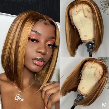 

Brazilian Ombre Human Hair Wigs for Women Brown Highlight Wig 13x4 Lace Front Bob Wig Pre Plucked Straight Bob Lace Front Wigs