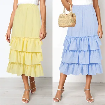

2020 Newly Skirts Women Fashion Striped Print Ruffles Skirt Fit Waist Multi-layer Sexy Club Bodycon Skirt Saia Plissada#