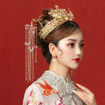 

2019 New Wo Fu Bride Headdress Chinese Atmosphere Xiu He Ancient Phoenix Crown Fringe Step Shake Hair Accessories Female