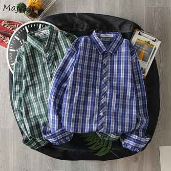 

Men Shirt Long Sleeve Turn-down Collar All Match Simple Mens Shirts Korean Style Fashion Plaid Plus Size Clothes Casual BF Soft