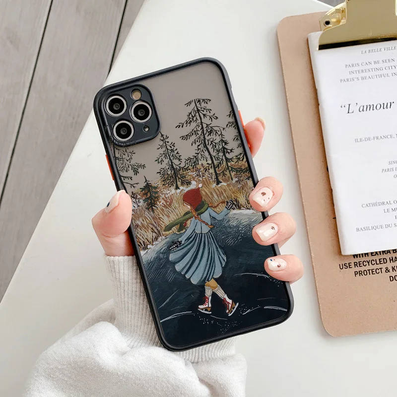 Cartoon Scenery Girl Phone Case For iphone 7 8 Plus SE 2020 13 11 12 Pro Max for iPhone X XR XS MAX Hard Shockproof Cover Fundas