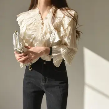 

Fashion Ruffles Pleated Blouse Women 2020 Spring Korean V Neck Full Sleeve Female Blusa Shirt Loose Casual Office Lady Tops r477